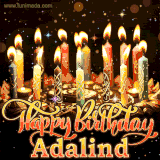 A glowing personalized birthday GIF with name Adalind featuring lit candles with intricate designs, warm lighting, and the text 'Happy Birthday' in an elegant font.