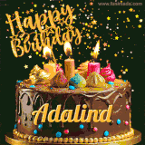 A delightful chocolate birthday cake with bright candles and 'Happy Birthday Adalind' written in gold amidst a shower of animated stars.