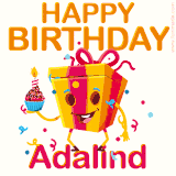 A vibrant and funny gift box character with a happy face dancing with a cupcake and the text 'Happy Birthday Adalind,' surrounded by animated confetti and party vibes.