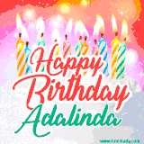 Bright birthday candles with rainbow flames on a cake, alongside the text 'Happy Birthday Adalinda' in vibrant script in this celebratory animated GIF.