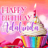 A vibrant birthday GIF featuring a rainbow-colored cupcake topped with white frosting, sprinkles, and a lit candle. The text reads 'Happy Birthday Adalinda' in bold pink and violet letters with white outline.