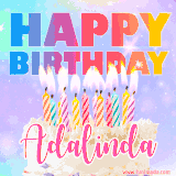 A vibrant animated name GIF with the words 'Happy Birthday Adalinda' with colorful candles on a creamy cake. The background sparkles with pastel shades, adding a festive touch.
