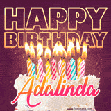A colorful birthday cake topped with lit candles, with the words 'Happy Birthday Adalinda' in bold glowing letters on a burgundy background. Animated flames add a festive touch.