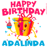 A vibrant and funny gift box character with a happy face dancing with a cupcake and the text 'Happy Birthday Adalinda,' surrounded by animated confetti and party vibes.