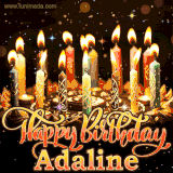A glowing personalized birthday GIF with name Adaline featuring lit candles with intricate designs, warm lighting, and the text 'Happy Birthday' in an elegant font.