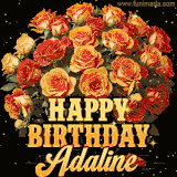 Animated bouquet of orange roses with moving butterfles and golden 'Happy Birthday Adaline' text, surrounded by sparkling accents and a dark backdrop for a luxurious feel.