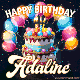 Bright birthday animation for Adaline with a chocolate cake, candles, balloons, and glowing celebratory lights.