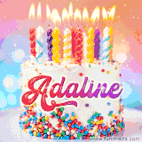 A cheerful white birthday cake with multicolor sprinkles, lit candles, and 'Adaline' written in vibrant letters, in an animated GIF.