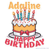 Cartoon birthday cake with a red bow, glowing candles, and 'Adaline Happy Birthday' text in bold animated style.