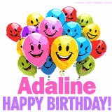 Animated colorful and joyful birthday balloons with cheerful smiles and a bright 'Happy Birthday Adaline!' message in pink and purple.