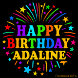 Personalized greeting card with name, colorful text that says 'Happy Birthday Adaline' surrounded by animated fireworks and multicolor stars