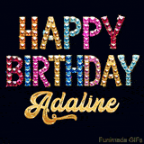 Vibrant luxury birthday greeting card for Adaline, showing glittering gemstone letters and golden calligraphy on a dark background with twinkling shine effects.