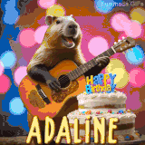 Animated birthday GIF showing a capybara playing guitar and singing beside a birthday cake with the name Adaline in large letters and colorful bokeh lights in the background.