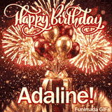 Shimmering birthday animation for Adaline featuring metallic balloons, a gold-bowed gift, and fireworks.