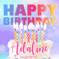 Animated Happy Birthday Cake with Name Adaline and Burning Candles