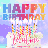 A vibrant animated name GIF with the words 'Happy Birthday Adaline' with colorful candles on a creamy cake. The background sparkles with pastel shades, adding a festive touch.