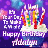 A colorful birthday GIF for Adalyn featuring a cupcake with vibrant lit candles and the text 'It's Your Day to Make a Wish! Happy Birthday Adalyn' in bold letters on a festive purple background.