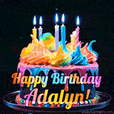 A mesmerizing animated cake with multicolor frosting and candles, and the words 'Happy Birthday Adalyn' on the black background.