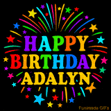 Personalized greeting card with name, colorful text that says 'Happy Birthday Adalyn' surrounded by animated fireworks and multicolor stars