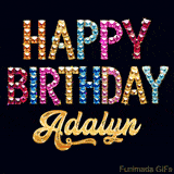 Vibrant luxury birthday greeting card for Adalyn, showing glittering gemstone letters and golden calligraphy on a dark background with twinkling shine effects.