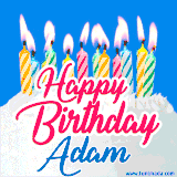 A cheerful animated GIF featuring colorful lit birthday candles on a white cake, with the text 'Happy Birthday Adam' in bold red and blue script on a bright blue background.