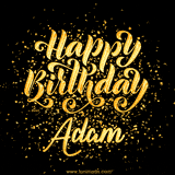 Animated GIF with colorful, festive 'Happy Birthday Adam' text decorated with patterns, a party hat, and falling confetti. A vibrant and cheerful design for birthday celebrations.