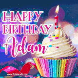 A festive animated GIF featuring a colorful cupcake with a single lit candle, sprinkles, and 'Happy Birthday Adam' text against a sparkling, celebratory background.