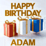 Three animated presents with golden ribbons continuously jumping in the air below a shiny 3D Happy Birthday Adam greeting