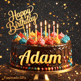Shimmering animated card featuring a festive chocolate birthday cake with burning candles and the name Adam.