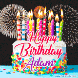 A lively happy birthday animated GIF showcasing a colorful birthday cake covered in sprinkles, topped with glowing candles, and surrounded by vibrant fireworks. The name 'Adam' is featured in elegant script.