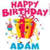 A funny animated birthday GIF with the words 'Happy Birthday Adama', colorful gift box with arms and legs, holding a cupcake with a lit candle  with confetti everywhere.