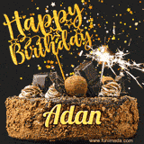 Animated GIF featuring the text 'Happy Birthday Adan' written in glittering gold above the luxurious chocolate birthday cake adorned with truffles, gold stars, and sparklers.
