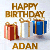 Seamlessly looping animation of bouncing red, white, and blue gift packages with elegant gold text saying Happy Birthday Adan