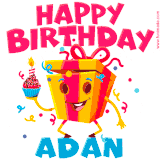 A funny animated birthday GIF with the words 'Happy Birthday Adana', colorful gift box with arms and legs, holding a cupcake with a lit candle  with confetti everywhere.