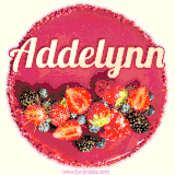 Beautifully decorated red velvet berry birthday cake with vibrant fruits and a glowing 'Addelynn' name, adding a touch of sweetness and sparkle.