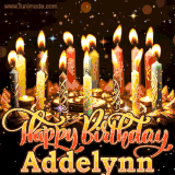 A glowing personalized birthday GIF with name Addelynn featuring lit candles with intricate designs, warm lighting, and the text 'Happy Birthday' in an elegant font.