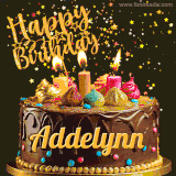 A delightful chocolate birthday cake with bright candles and 'Happy Birthday Addelynn' written in gold amidst a shower of animated stars.