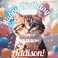 Happy birthday gif for Addison with cat and cake