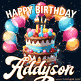 Hand-drawn happy birthday cake adorned with an arch of colorful balloons - name GIF for Addyson