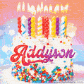 Personalized for Addyson elegant birthday cake adorned with rainbow sprinkles, colorful candles and glitter