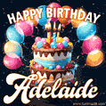 Hand-drawn happy birthday cake adorned with an arch of colorful balloons - name GIF for Adelaide