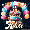 Hand-drawn happy birthday cake adorned with an arch of colorful balloons - name GIF for Adele