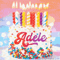 Personalized for Adele elegant birthday cake adorned with rainbow sprinkles, colorful candles and glitter