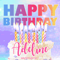 Animated Happy Birthday Cake with Name Adeline and Burning Candles