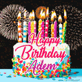 Amazing Animated GIF Image for Adem with Birthday Cake and Fireworks