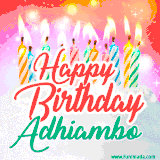 Bright birthday candles with rainbow flames on a cake, alongside the text 'Happy Birthday Adhiambo' in vibrant script in this celebratory animated GIF.
