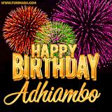 A golden 'Happy Birthday Adhiambo' message with vibrant fireworks in the background, creating a festive and celebratory vibe in this animated name GIF.
