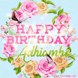 A charming animated GIF featuring 'Happy Birthday Adhiambo' in pink and green text, surrounded by delicate roses, leaves, and fluttering butterflies on a soft light blue pastel background.