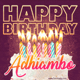 A colorful birthday cake topped with lit candles, with the words 'Happy Birthday Adhiambo' in bold glowing letters on a burgundy background. Animated flames add a festive touch.