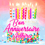 A white birthday cake covered in colorful sprinkles, topped with bright candles, and French text 'Bon Anniversaire Adhira' on a pastel gradient background in an animated GIF.
